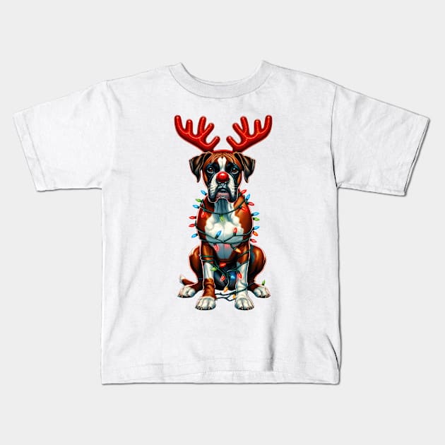 Christmas Red Nose Boxer Dog Kids T-Shirt by Chromatic Fusion Studio